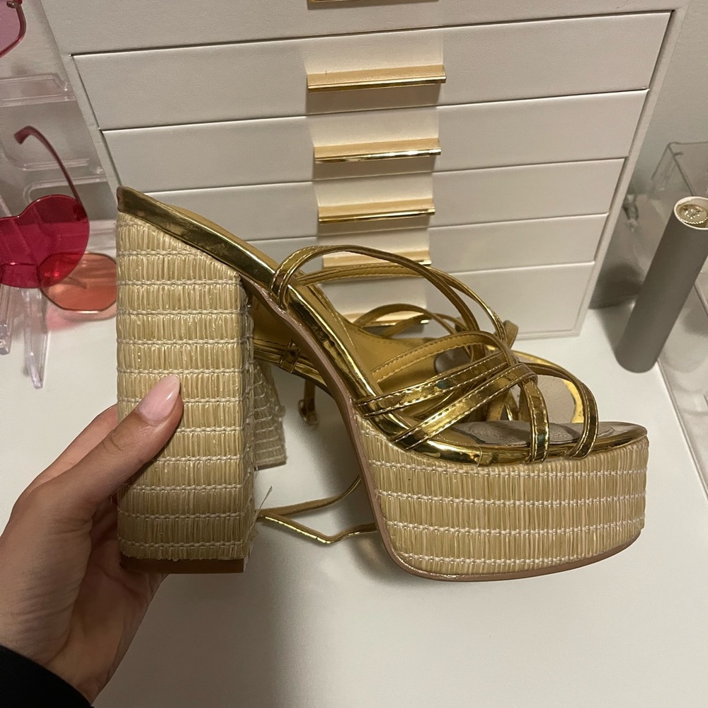 Gold and Tan Platform Heels